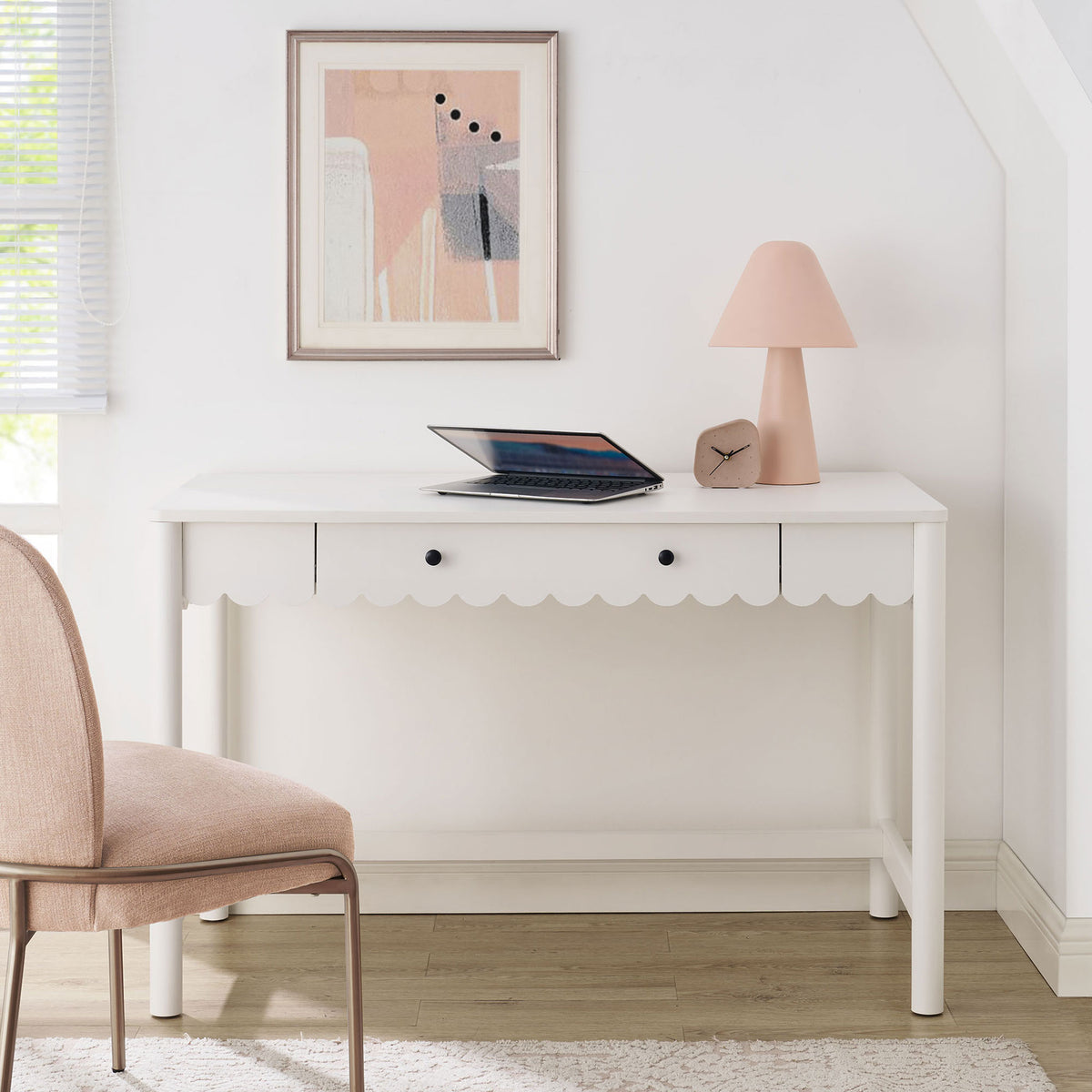 Charming white desk brings whimsical scalloped style to a cozy workspace or vanity area || EEI-7155-WHI || front_room