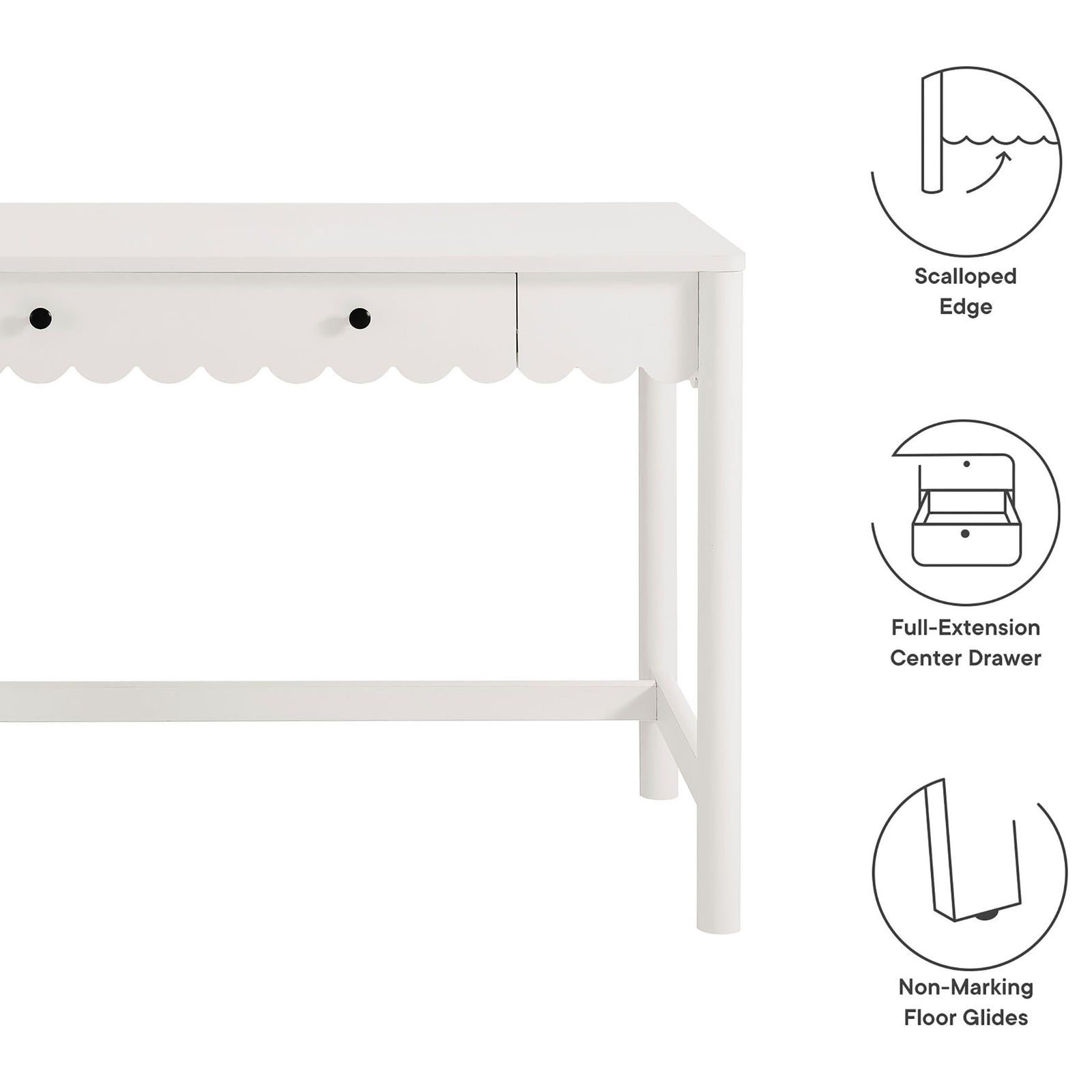 Key features include a scalloped edge, full-extension center drawer, and non-marking floor glides || EEI-7155-WHI || callout_studio