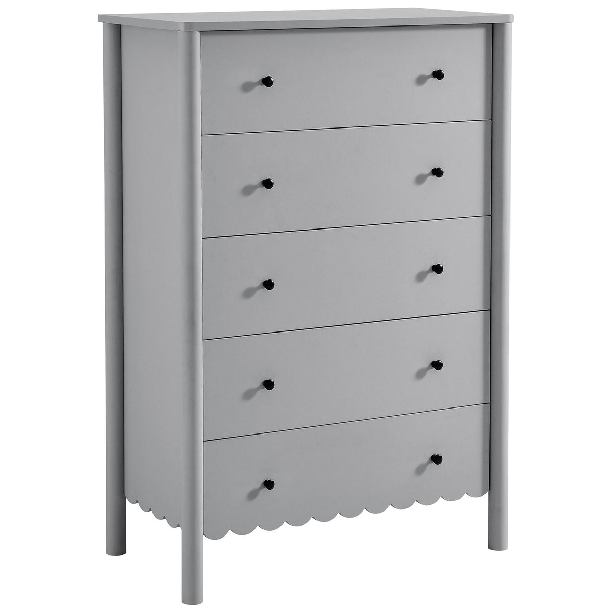 Light gray scalloped chest with smooth laminate finish and slim round legs || EEI-7156-LGR || front_angle_studio