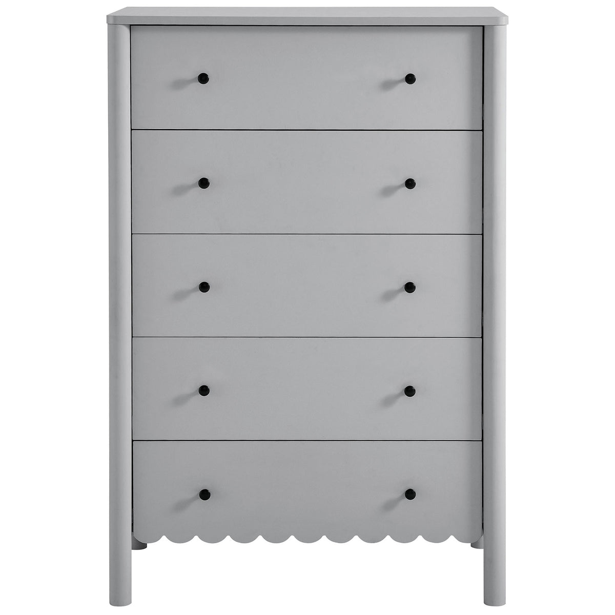 Light gray scalloped five-drawer chest with round posts and black knobs || EEI-7156-LGR || front_studio