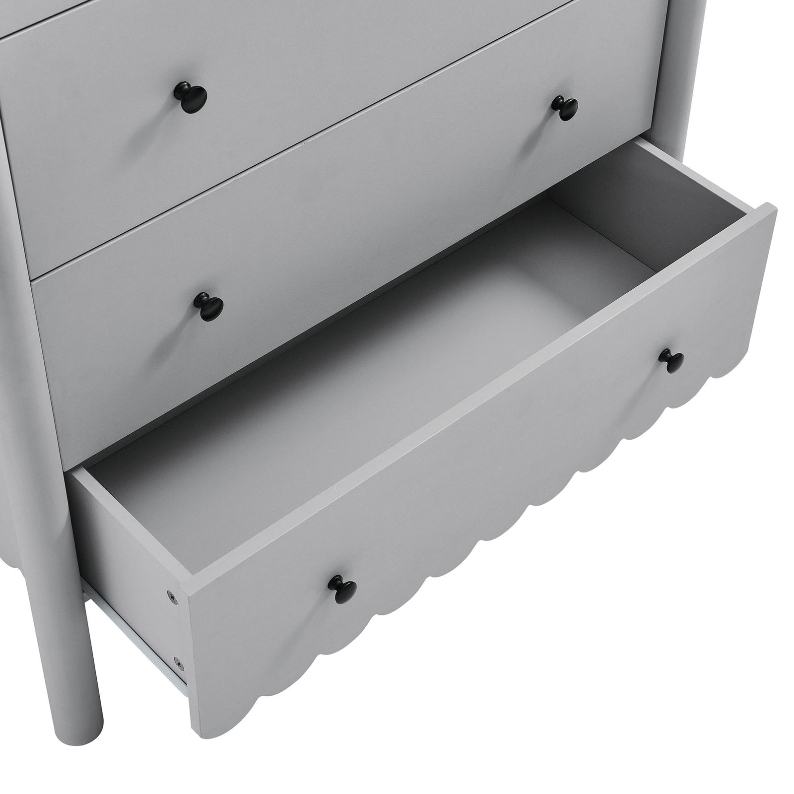 Open drawer of scalloped chest revealing spacious interior storage area || EEI-7156-LGR || storage_open_studio