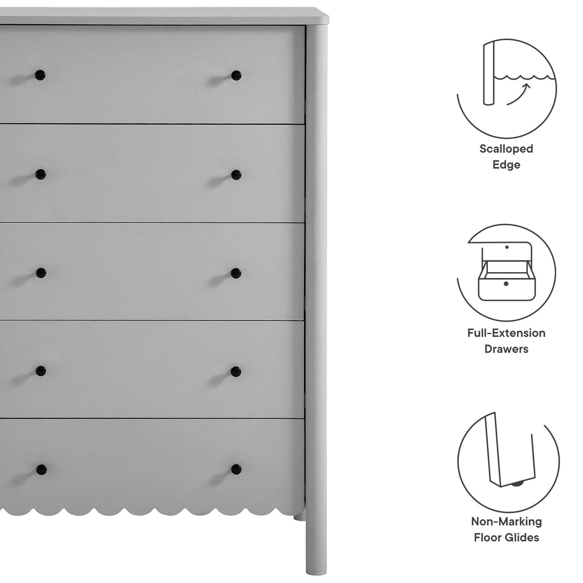 Feature highlights of scalloped chest including edge detail full-extension drawers and glides || EEI-7156-LGR || callout_studio