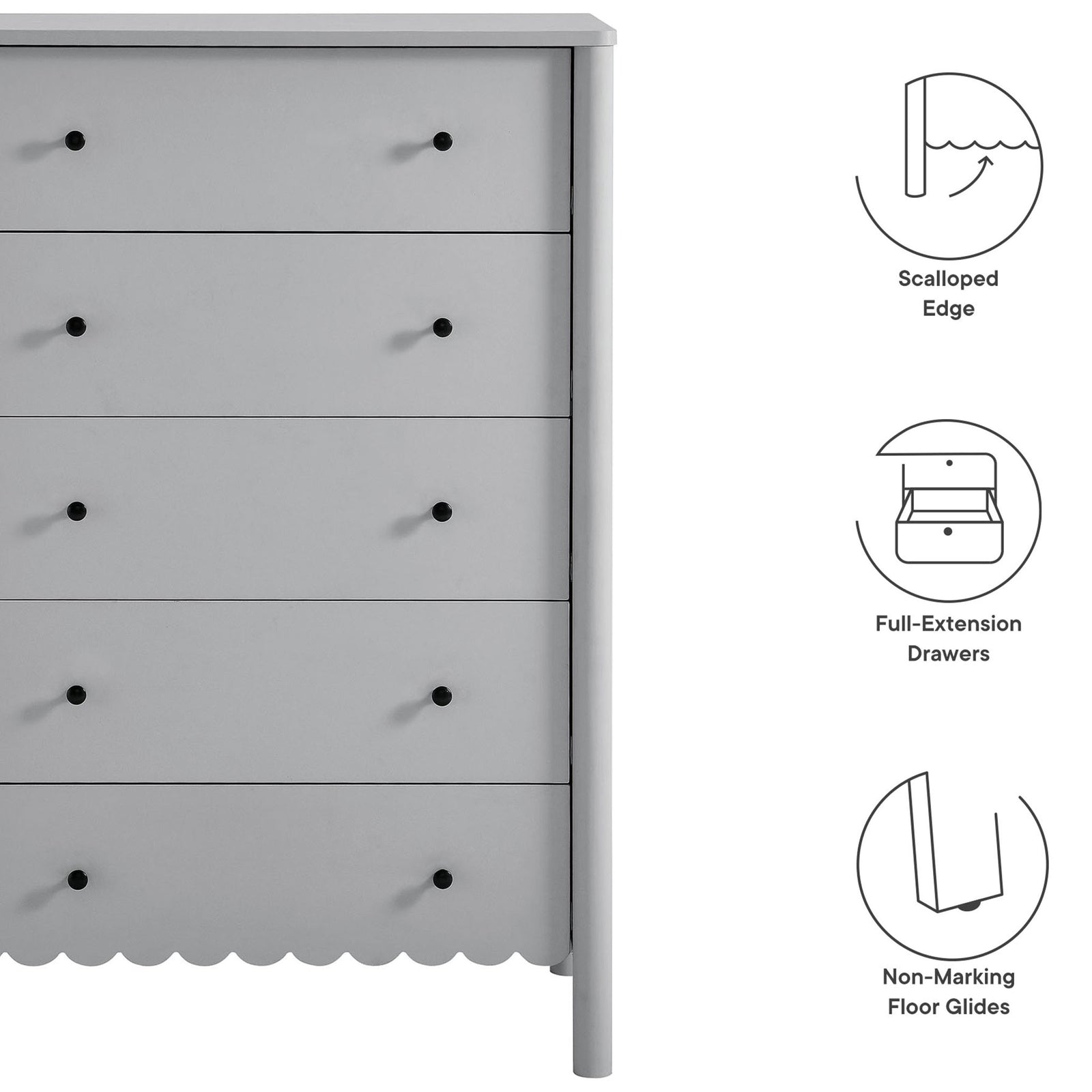 Feature highlights of scalloped chest including edge detail full-extension drawers and glides || EEI-7156-LGR || callout_studio
