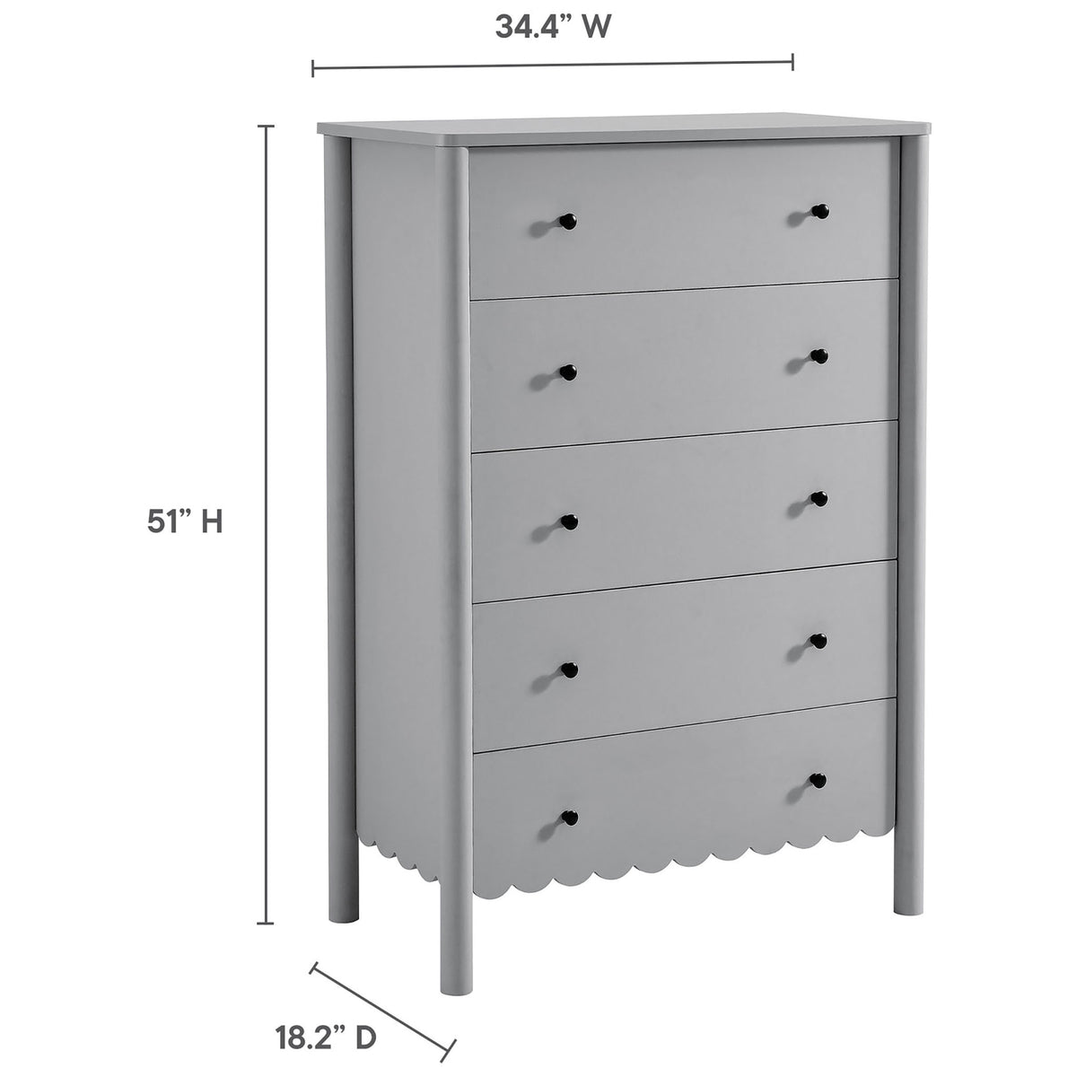 Size overview of tall light gray scalloped five-drawer bedroom chest || EEI-7156-LGR || dimension_studio