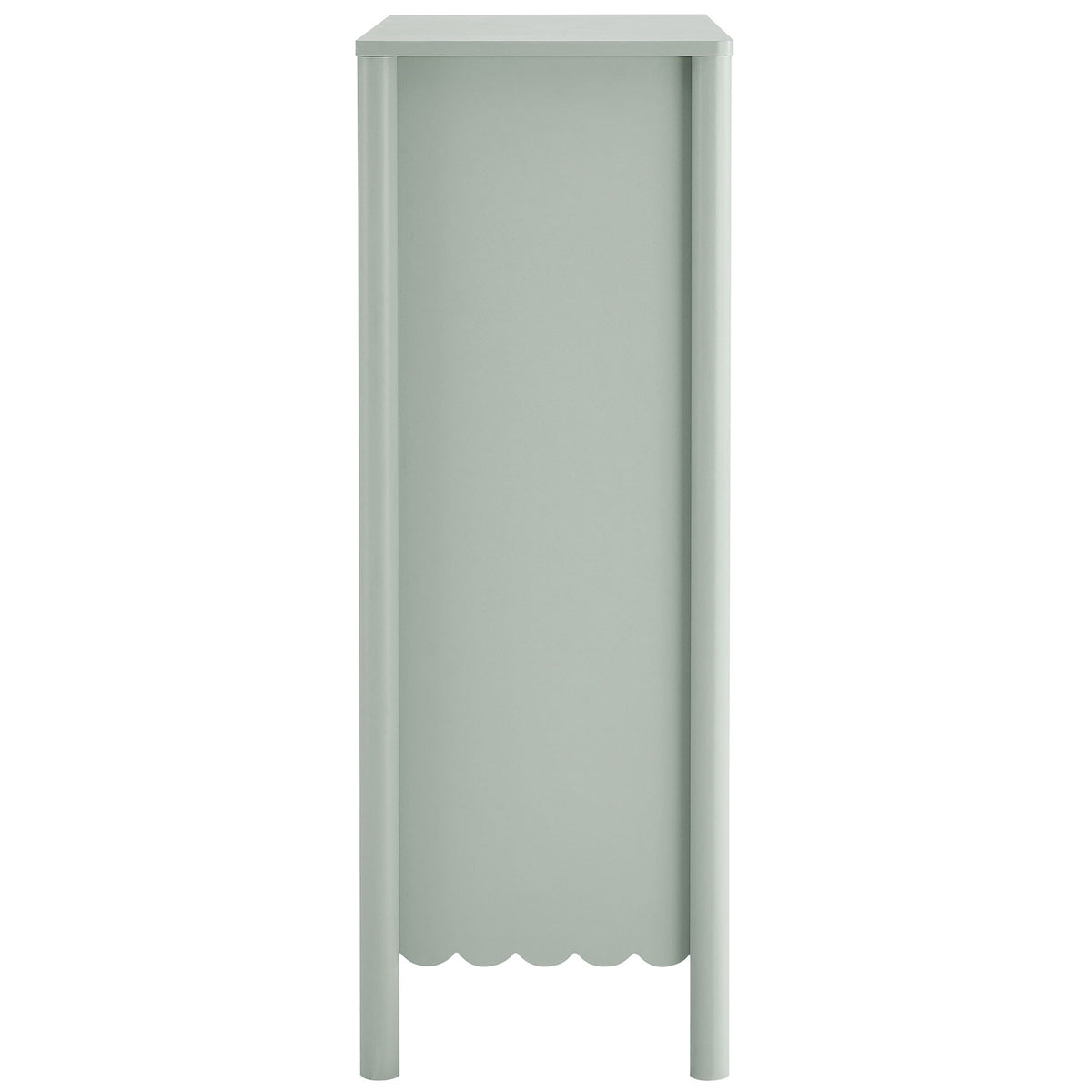 Sage green Emmeline chest highlighting the slim depth, rounded corner posts, and smooth side panel || EEI-7156-SGE || side_studio