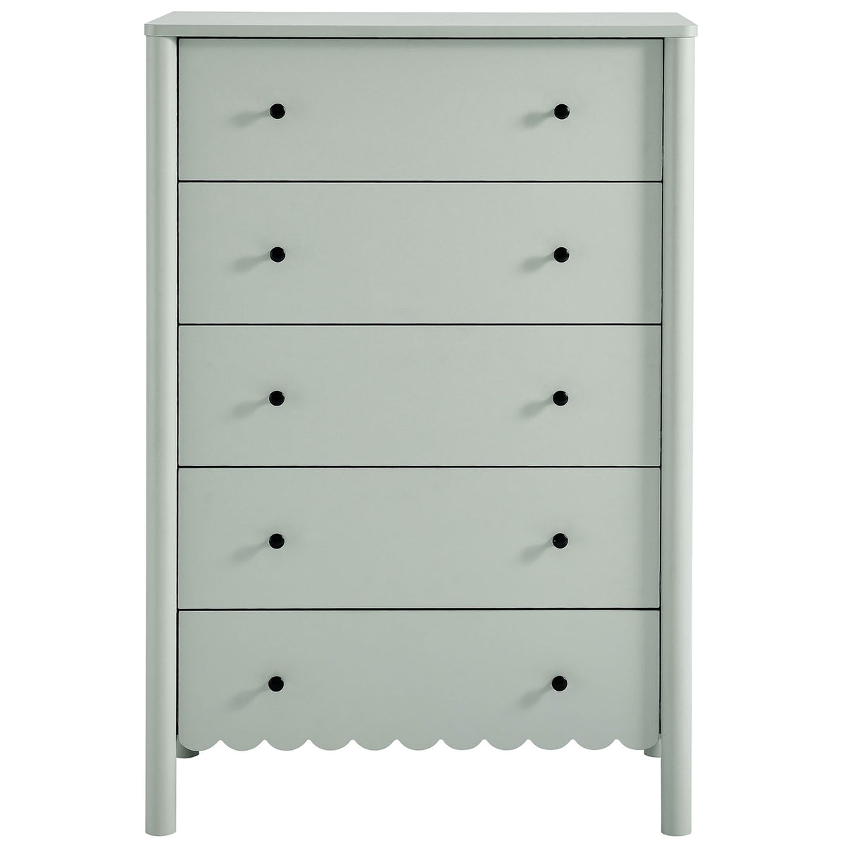 Sage green Emmeline 5-drawer chest with scalloped apron and minimalist round knobs || EEI-7156-SGE || front_studio