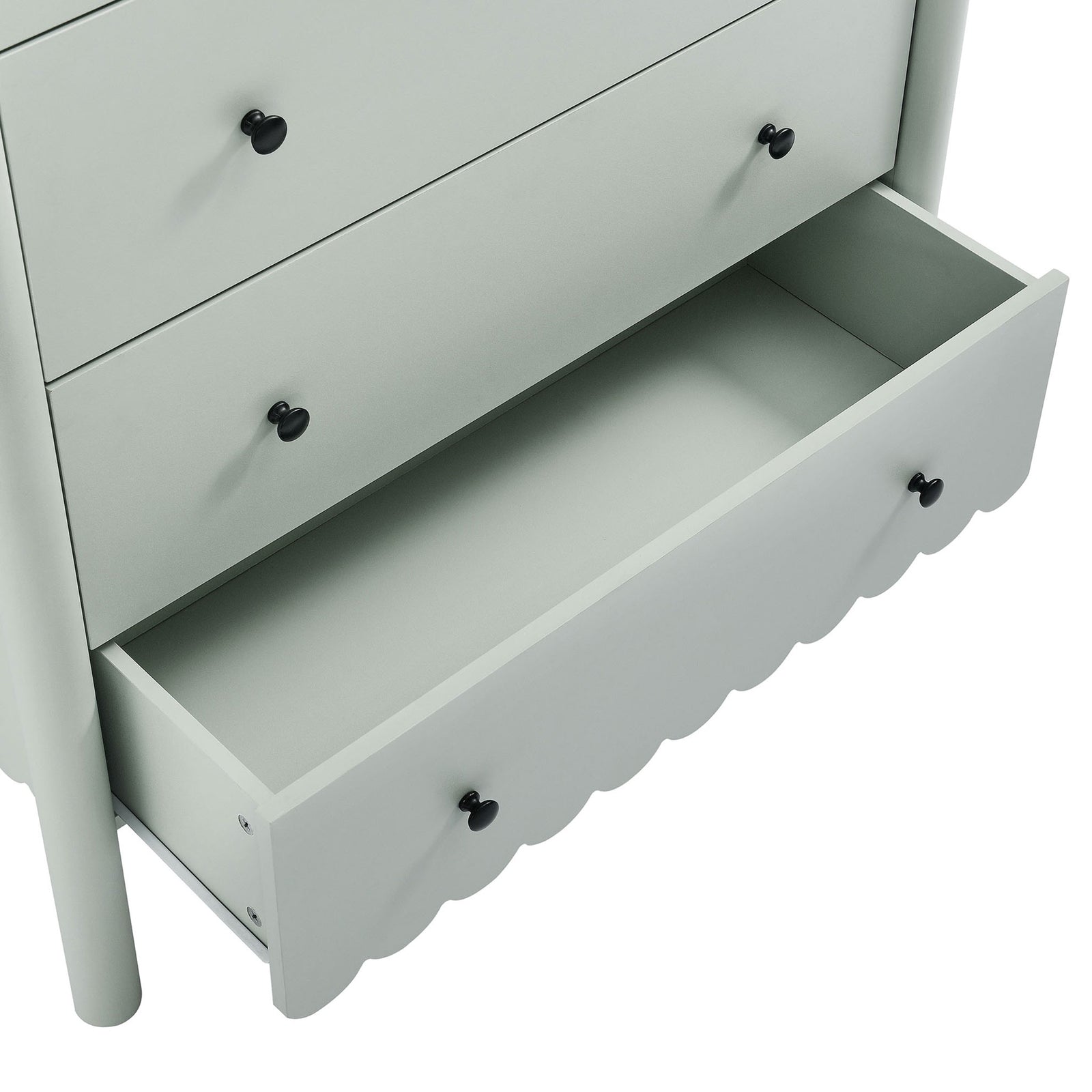 Open bottom drawer of the Emmeline chest showing spacious interior and scalloped front detail || EEI-7156-SGE || storage_open_studio