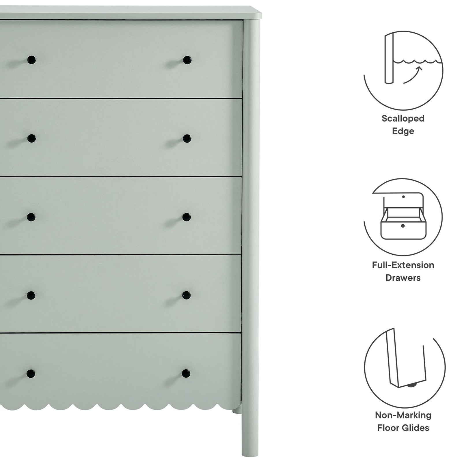 Emmeline 5-drawer chest with illustrated callouts for scalloped edge, full-extension drawers, and floor glides || EEI-7156-SGE || callout_studio