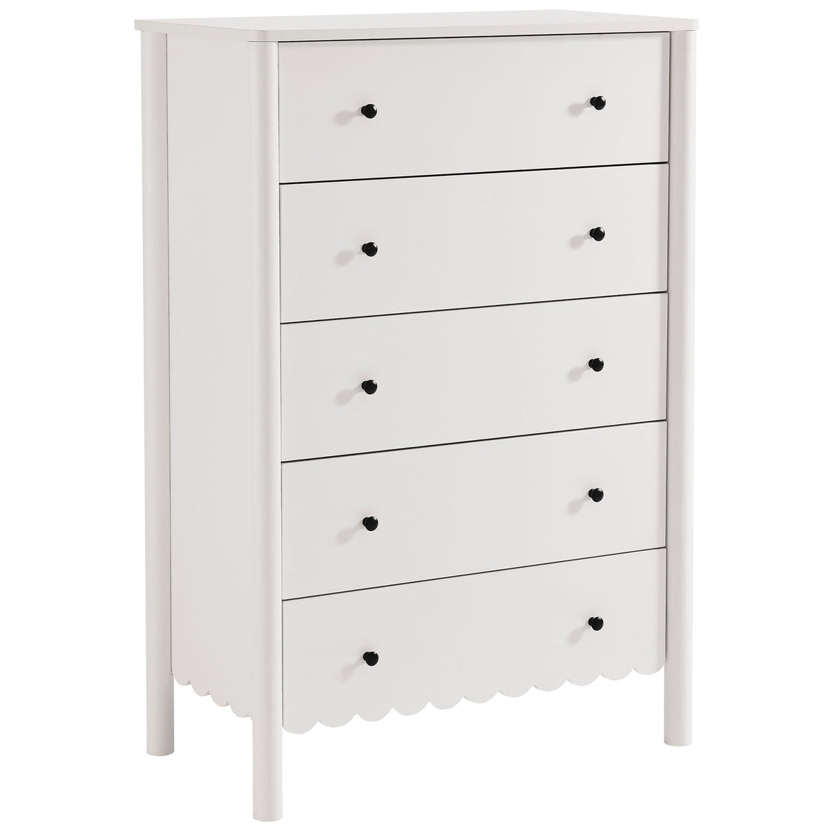 White scalloped 5-drawer chest showcases its rounded corners and sleek profile for versatile bedroom storage. || EEI-7156-WHI || front_angle_studio