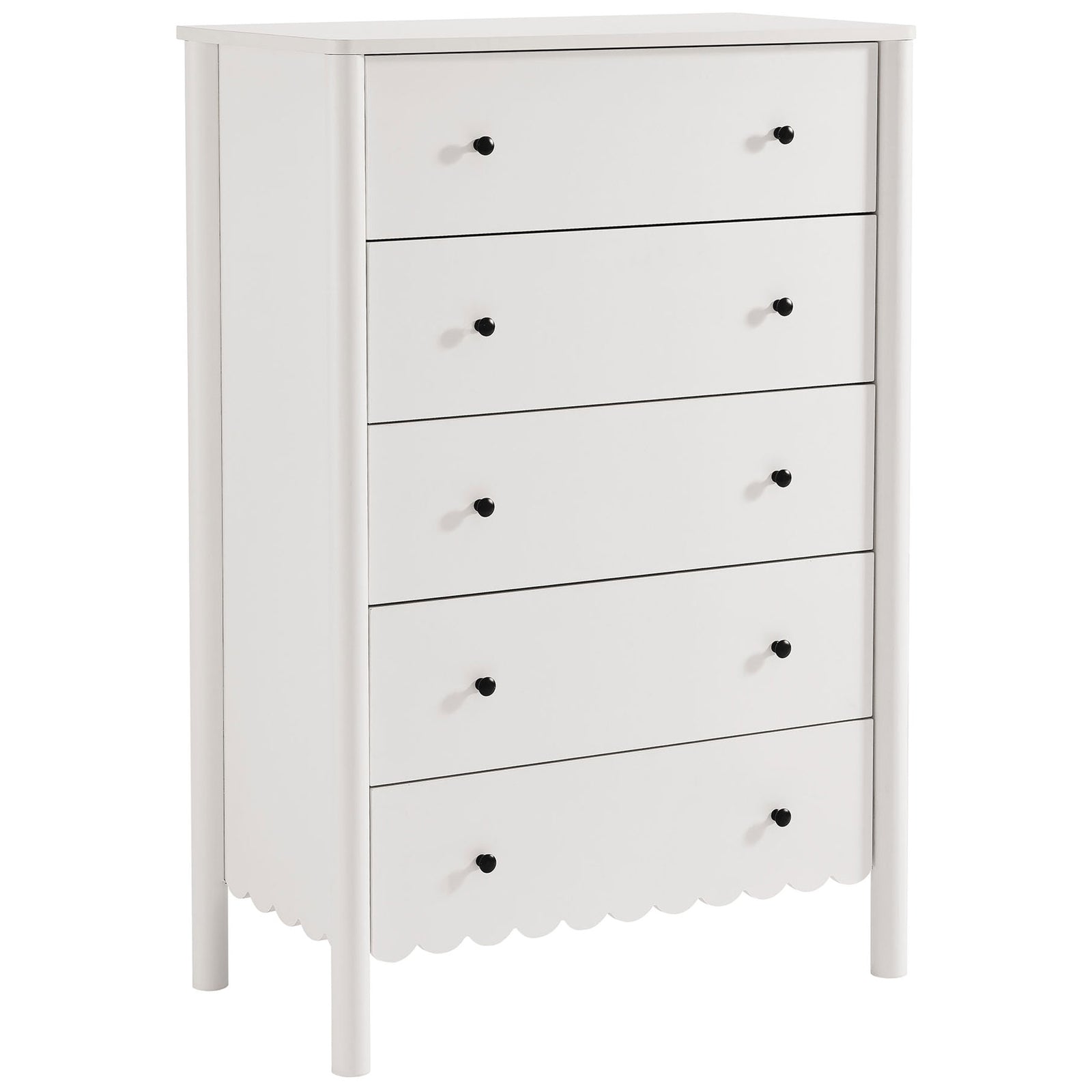 White scalloped 5-drawer chest showcases its rounded corners and sleek profile for versatile bedroom storage. || EEI-7156-WHI || front_angle_studio