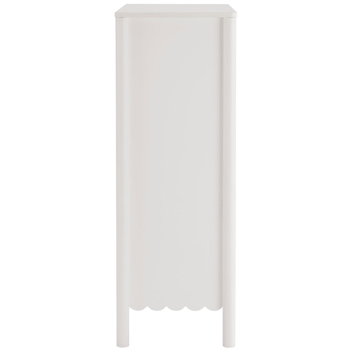 Slim side view of the Emmeline scalloped chest highlights its smooth panel finish and gently rounded legs. || EEI-7156-WHI || side_studio