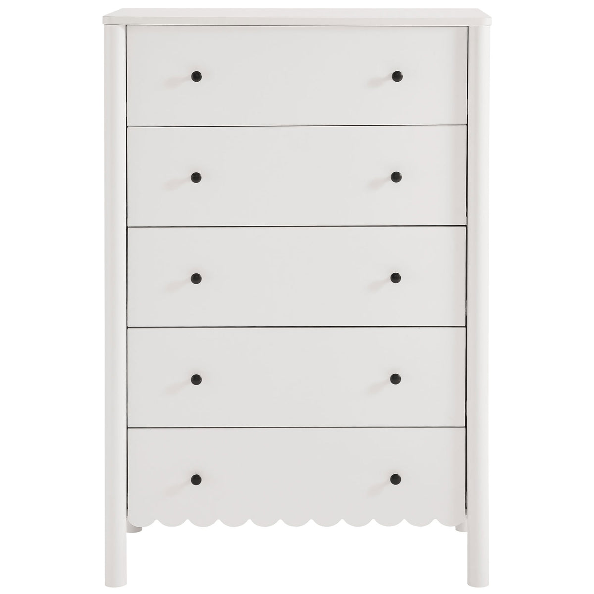 White Emmeline scalloped 5-drawer chest with rounded posts and black knobs adds crisp modern charm. || EEI-7156-WHI || front_studio