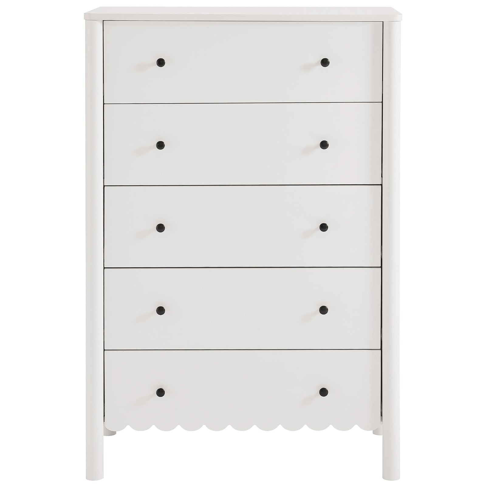 White Emmeline scalloped 5-drawer chest with rounded posts and black knobs adds crisp modern charm. || EEI-7156-WHI || front_studio