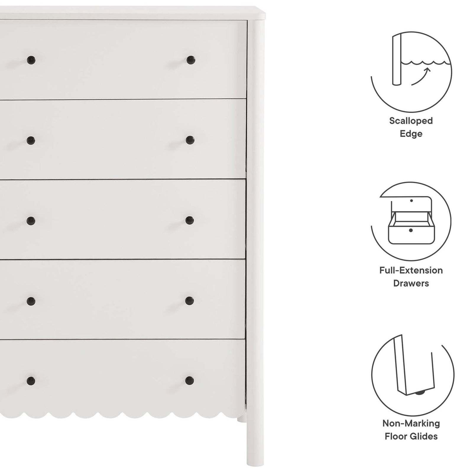 Graphic callouts showcase the Emmeline chest's scalloped edge, full-extension drawers, and non-marking floor glides. || EEI-7156-WHI || callout_studio