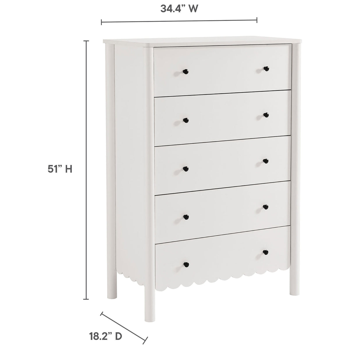 Dimension diagram details the Emmeline scalloped 5-drawer chest, including overall height, width, and depth. || EEI-7156-WHI || dimension_studio