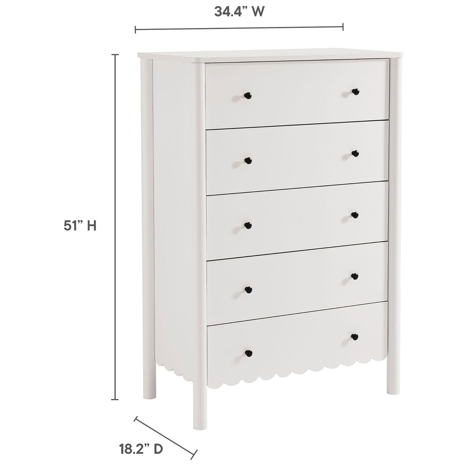 Dimension diagram details the Emmeline scalloped 5-drawer chest, including overall height, width, and depth. || EEI-7156-WHI || dimension_studio