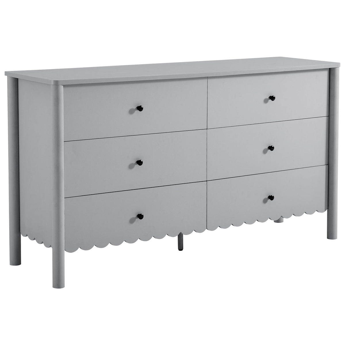Light gray scalloped 6-drawer dresser with rounded corners and minimalist black knobs. || EEI-7157-LGR || front_angle_studio