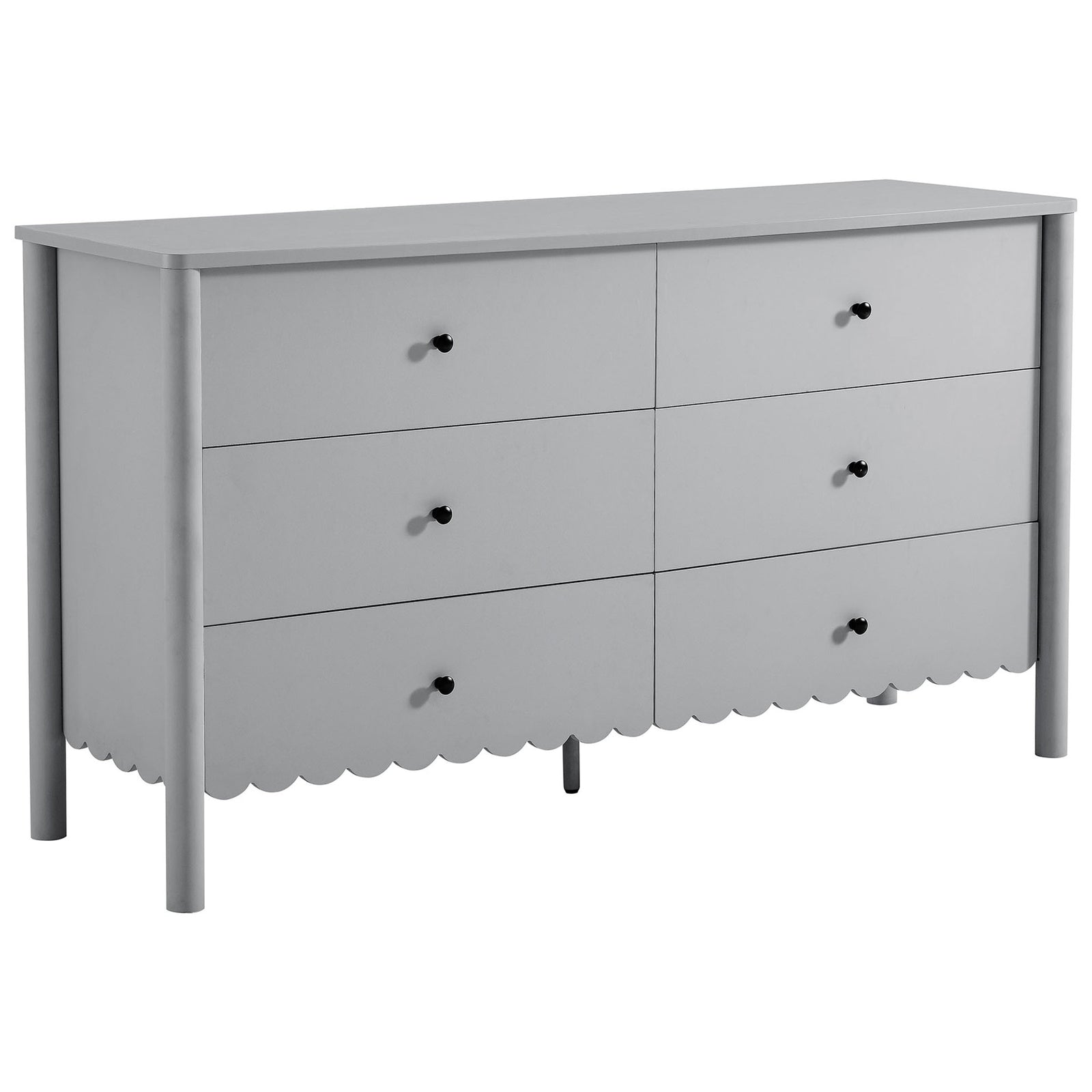 Light gray scalloped 6-drawer dresser with rounded corners and minimalist black knobs. || EEI-7157-LGR || front_angle_studio