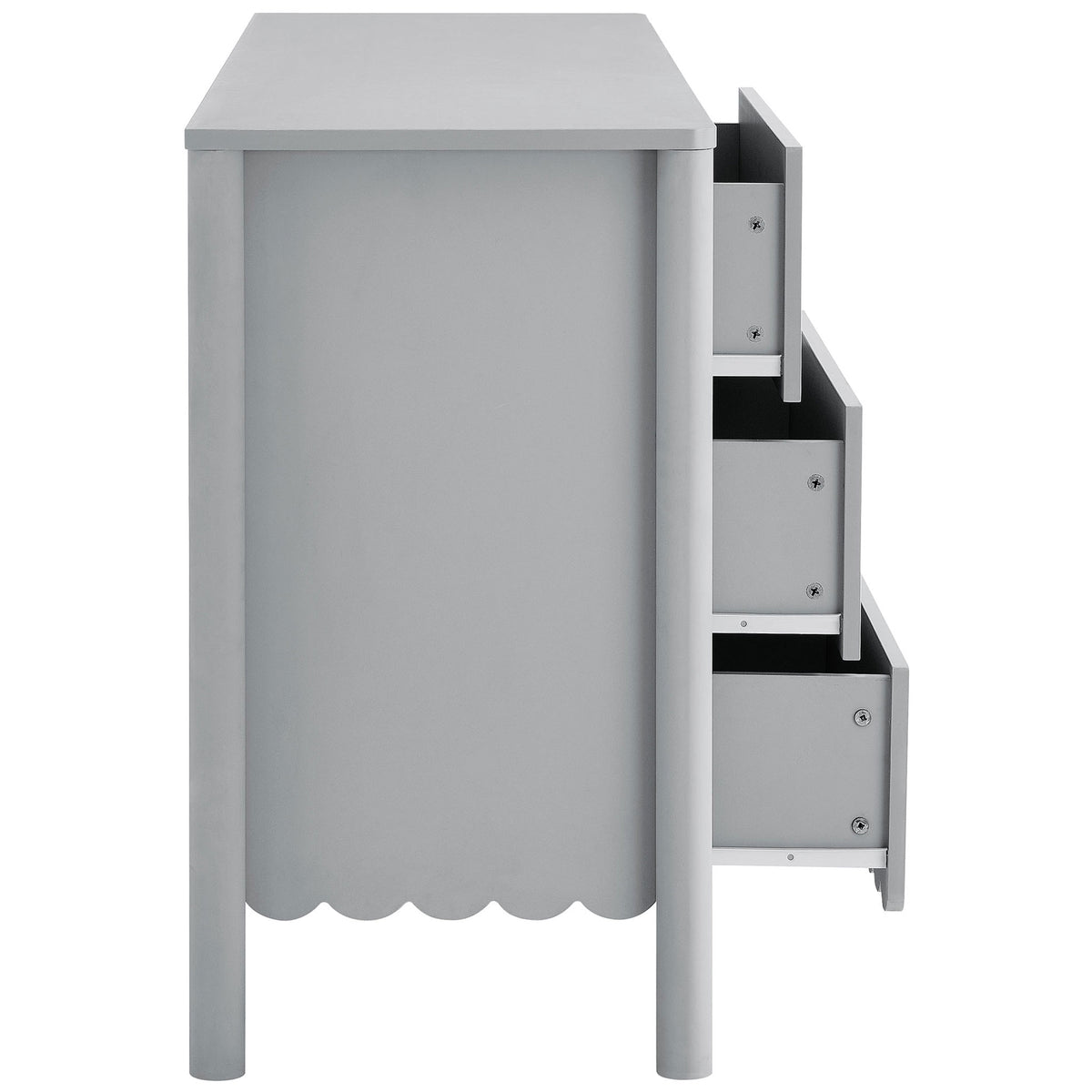 Light gray dresser with three drawers smoothly gliding open for easy storage access. || EEI-7157-LGR || side_open_studio