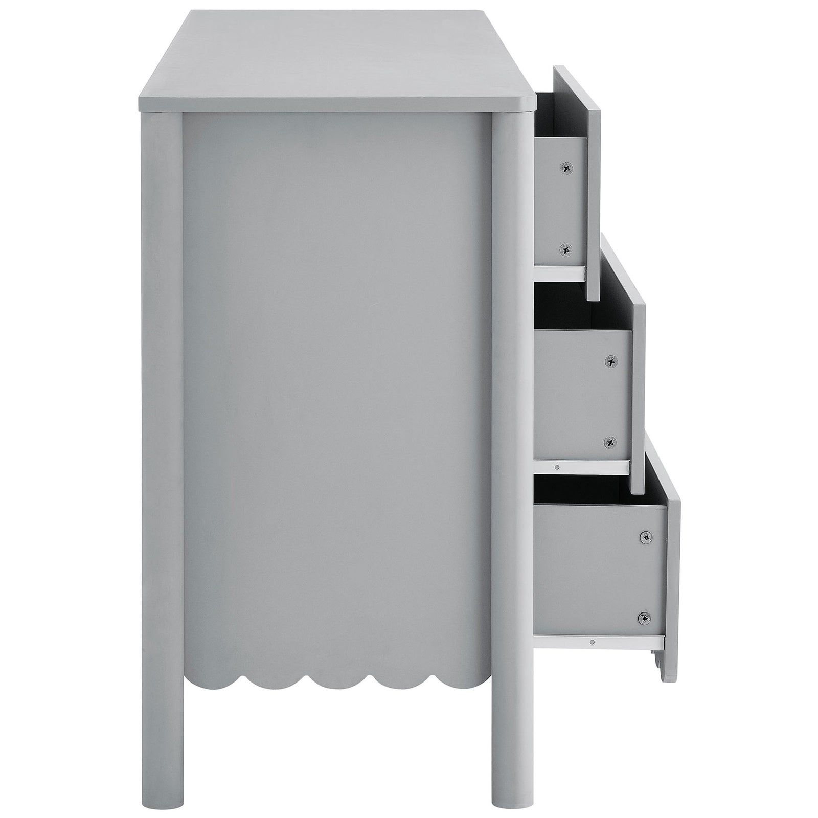 Light gray dresser with three drawers smoothly gliding open for easy storage access. || EEI-7157-LGR || side_open_studio