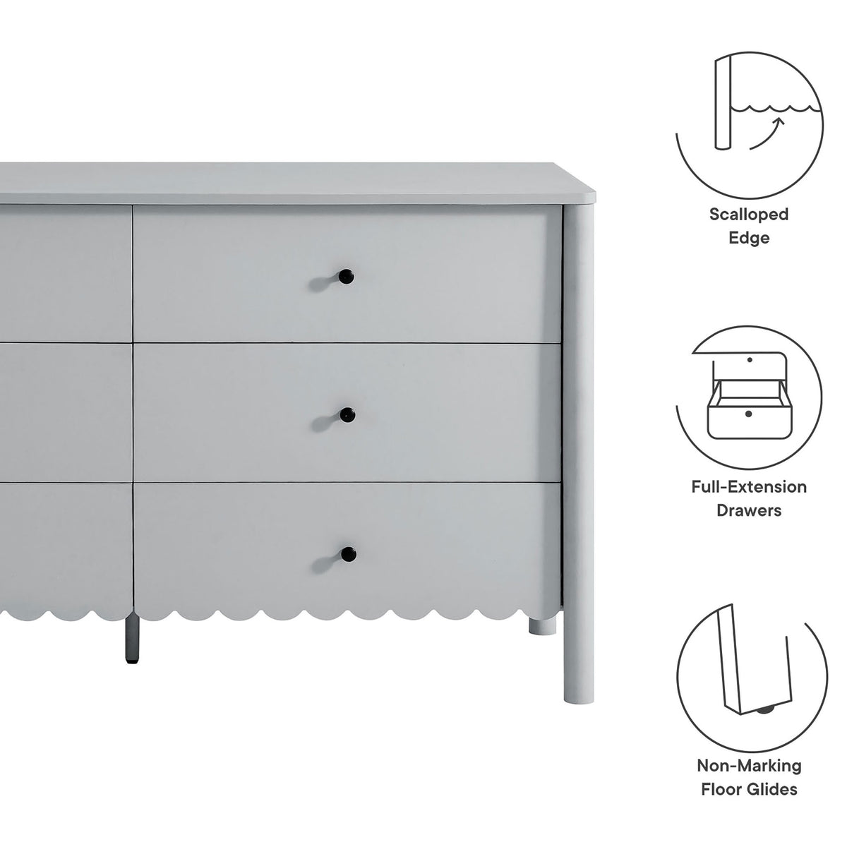 Feature callouts highlighting scalloped edge, full-extension drawers, and non-marking floor glides. || EEI-7157-LGR || callout_studio