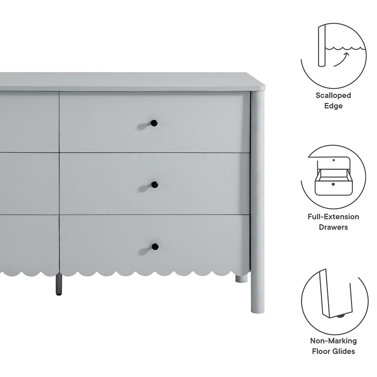 Feature callouts highlighting scalloped edge, full-extension drawers, and non-marking floor glides. || EEI-7157-LGR || callout_studio
