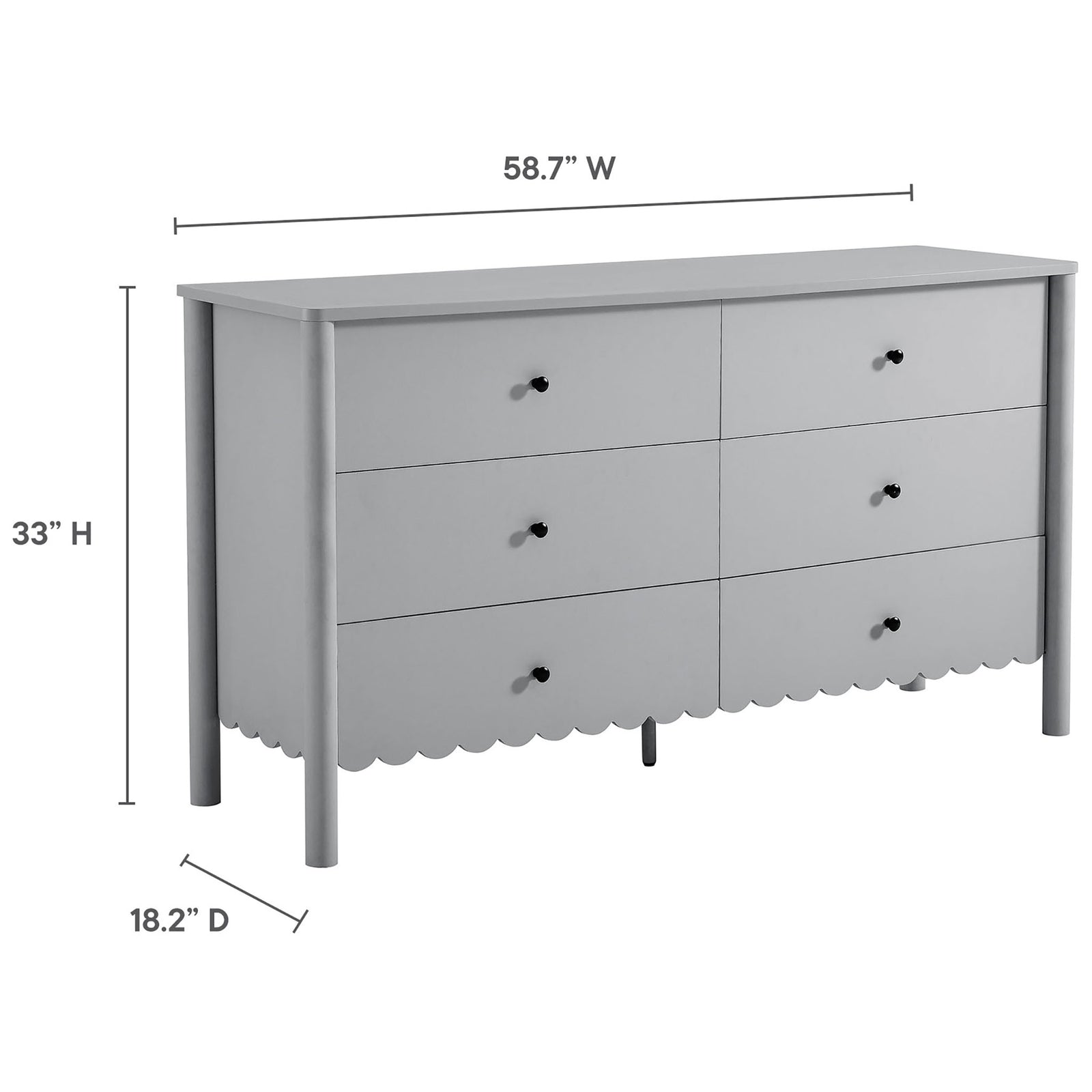 Dimension diagram of the Emmeline 6-drawer dresser displaying overall height, width, and depth. || EEI-7157-LGR || dimension_studio