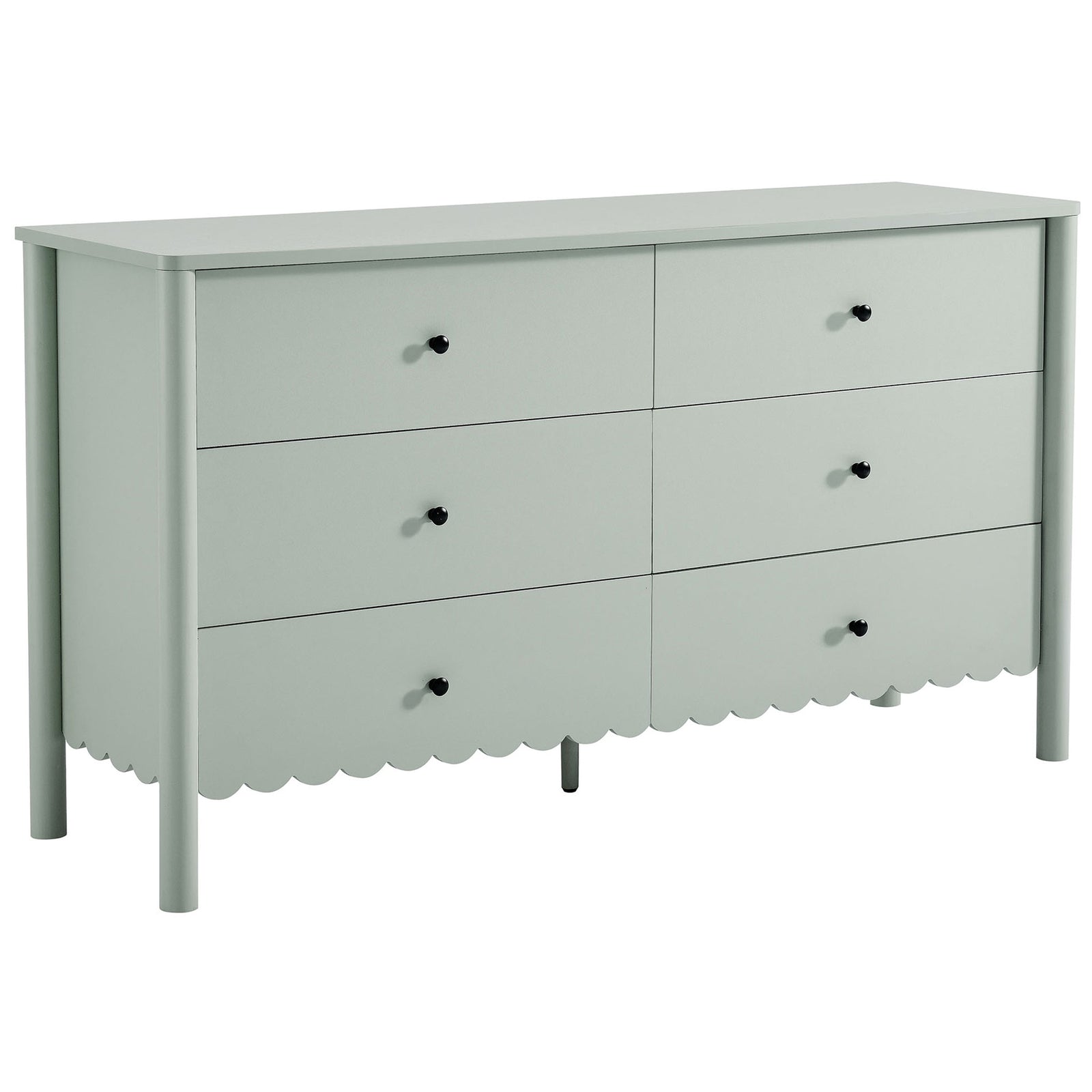 Sage green scalloped dresser with smooth side posts and six full-extension drawers with black knobs. || EEI-7157-SGE || front_angle_studio
