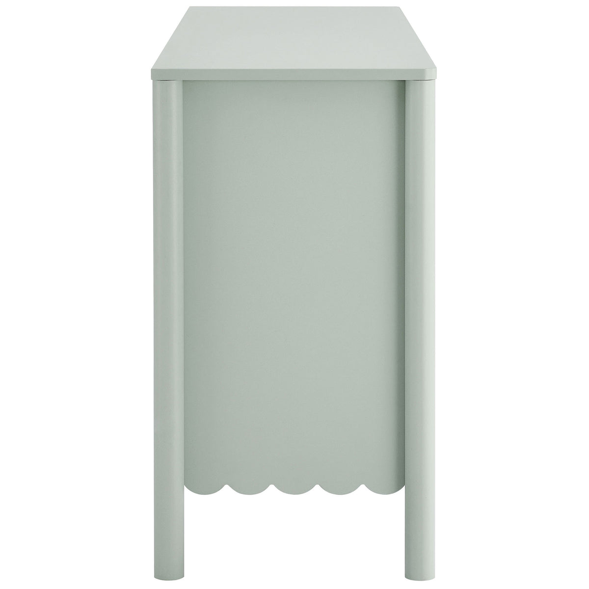 Slim sage green dresser with rounded front posts and scalloped apron detail along the base. || EEI-7157-SGE || side_studio