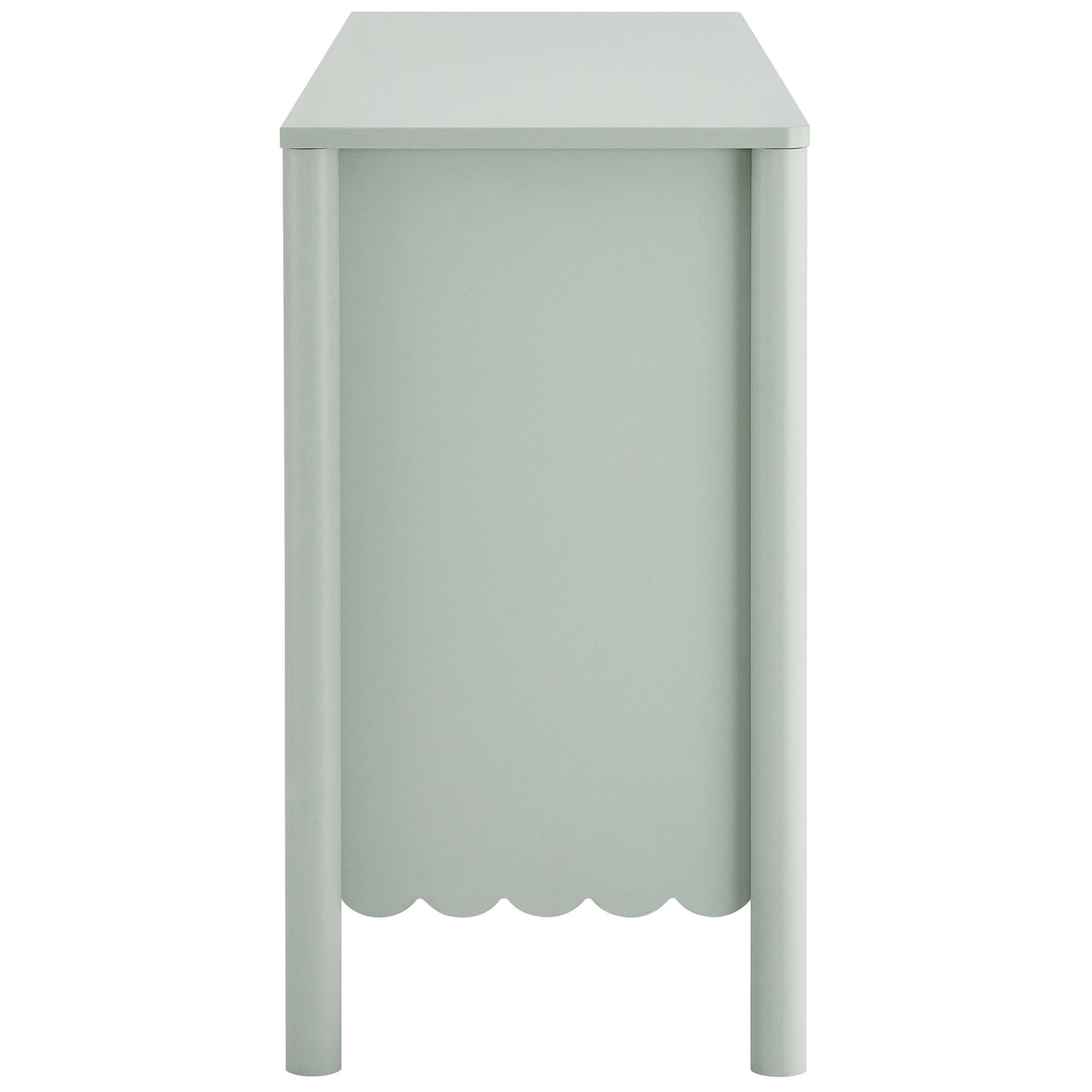 Slim sage green dresser with rounded front posts and scalloped apron detail along the base. || EEI-7157-SGE || side_studio