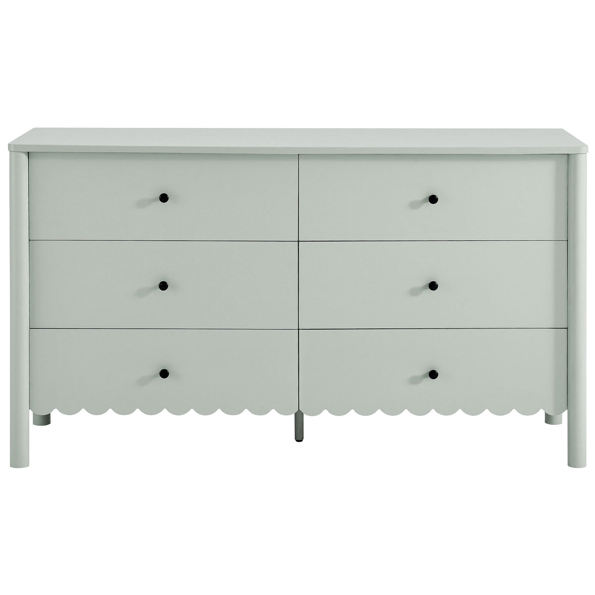 Scalloped sage green six-drawer dresser with rounded corners and slim black knobs. || EEI-7157-SGE || front_studio
