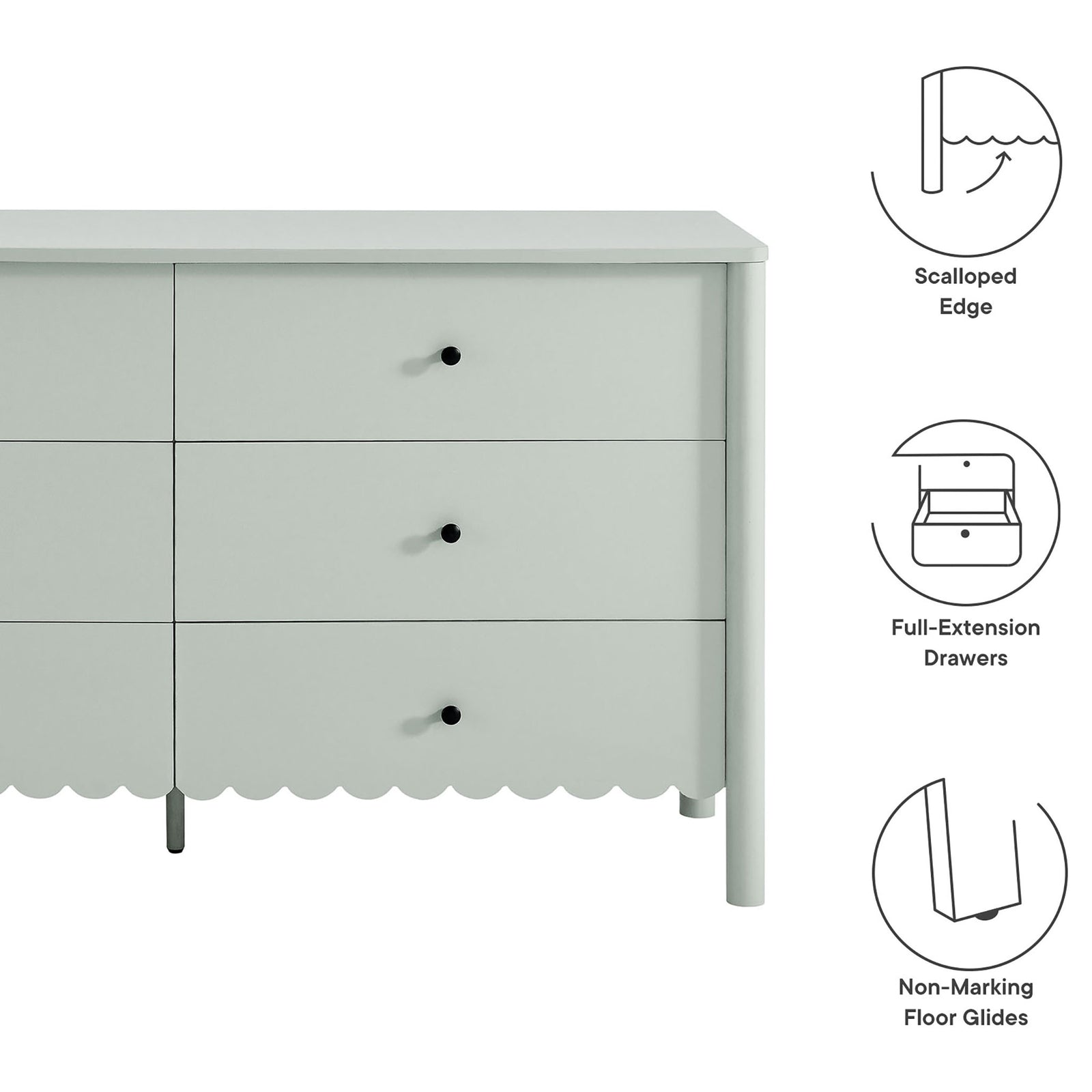 Sage green dresser with illustrated callouts for scalloped edge, full-extension drawers, and floor glides. || EEI-7157-SGE || callout_studio