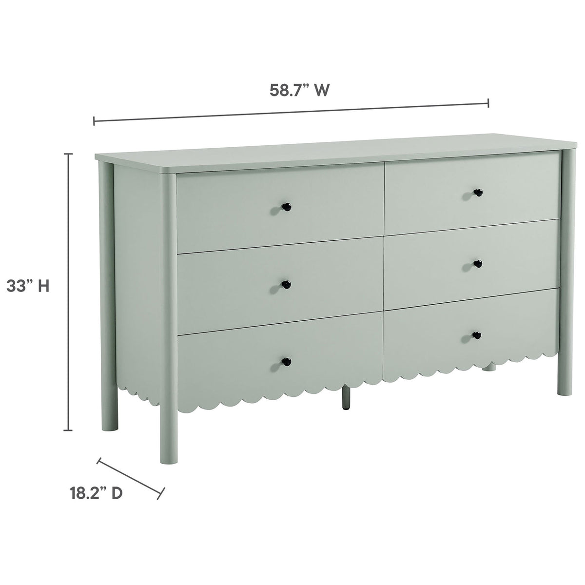 Scalloped six-drawer dresser in sage green with clearly labeled height, width, and depth measurements. || EEI-7157-SGE || dimension_studio