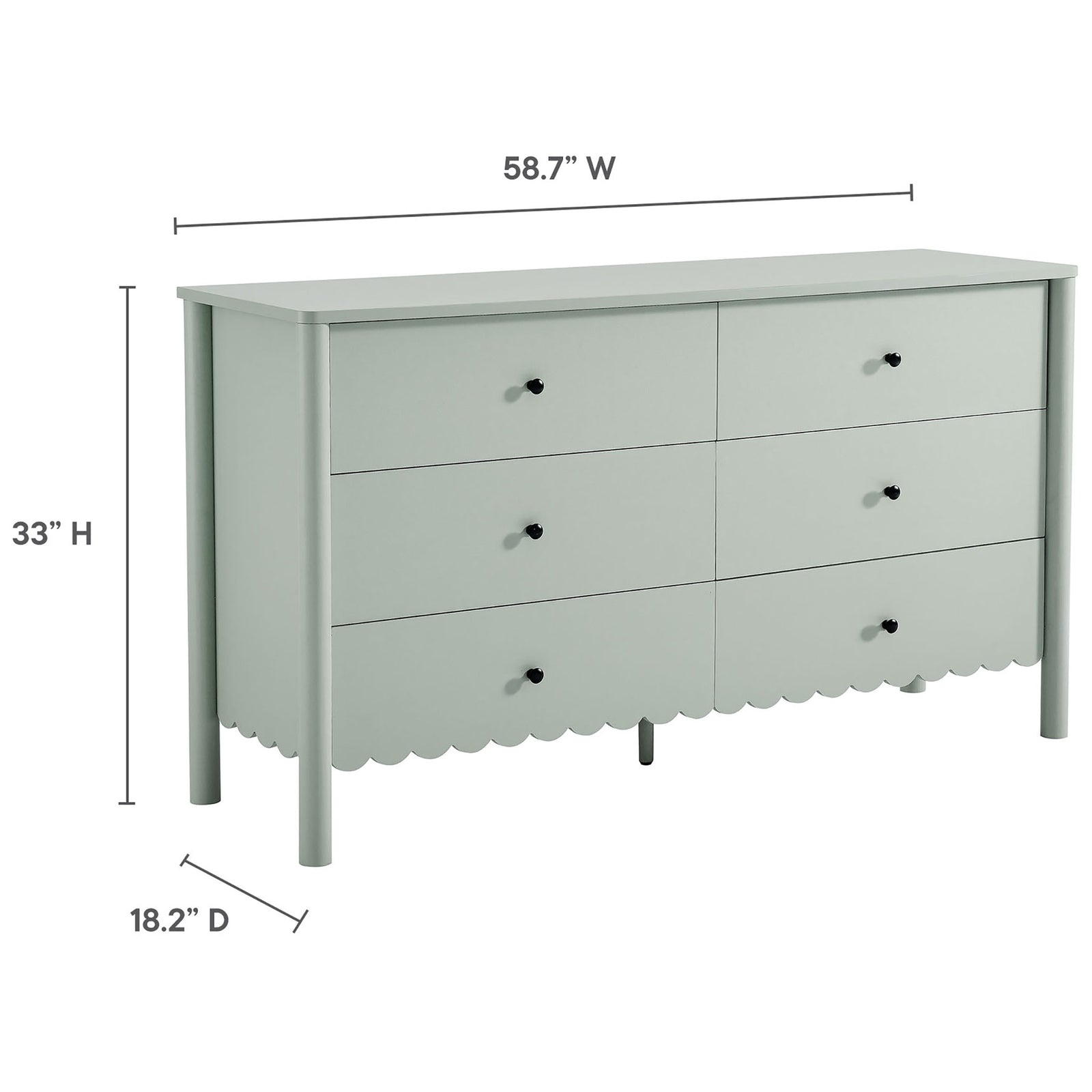 Scalloped six-drawer dresser in sage green with clearly labeled height, width, and depth measurements. || EEI-7157-SGE || dimension_studio