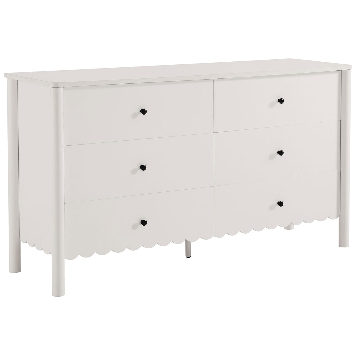 White six-drawer dresser with scalloped apron and black knobs adds playful elegance to modern bedrooms || EEI-7157-WHI || front_angle_studio