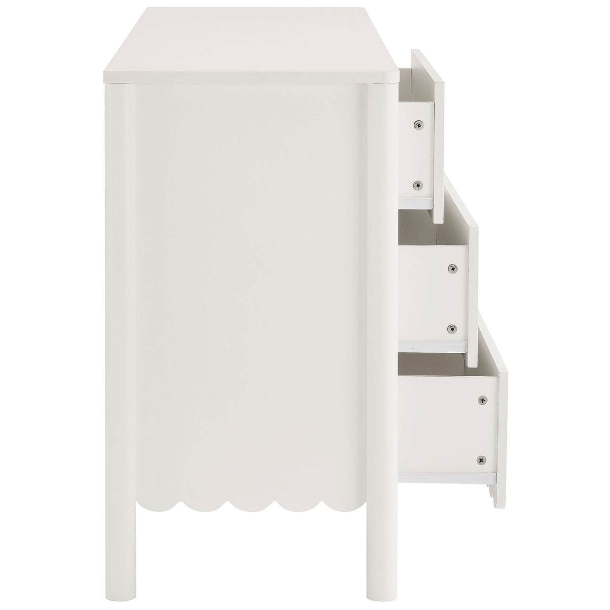 Three open drawers reveal generous storage capacity and smooth-gliding hardware inside this white dresser || EEI-7157-WHI || side_open_studio