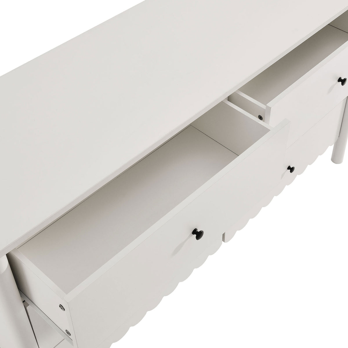Open top drawers and wide tabletop offer easy access to essentials and plenty of display space || EEI-7157-WHI || storage_open_studio