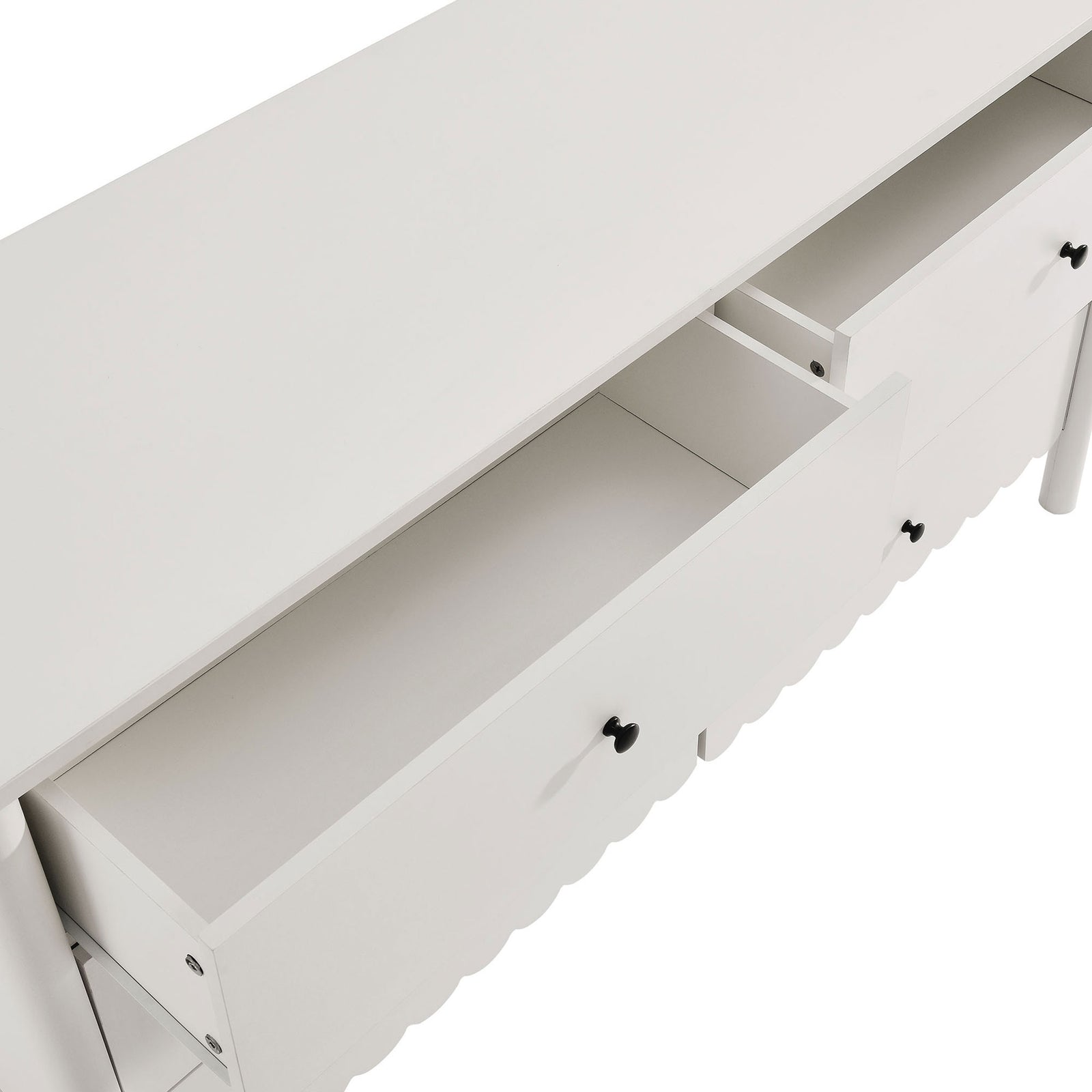 Open top drawers and wide tabletop offer easy access to essentials and plenty of display space || EEI-7157-WHI || storage_open_studio