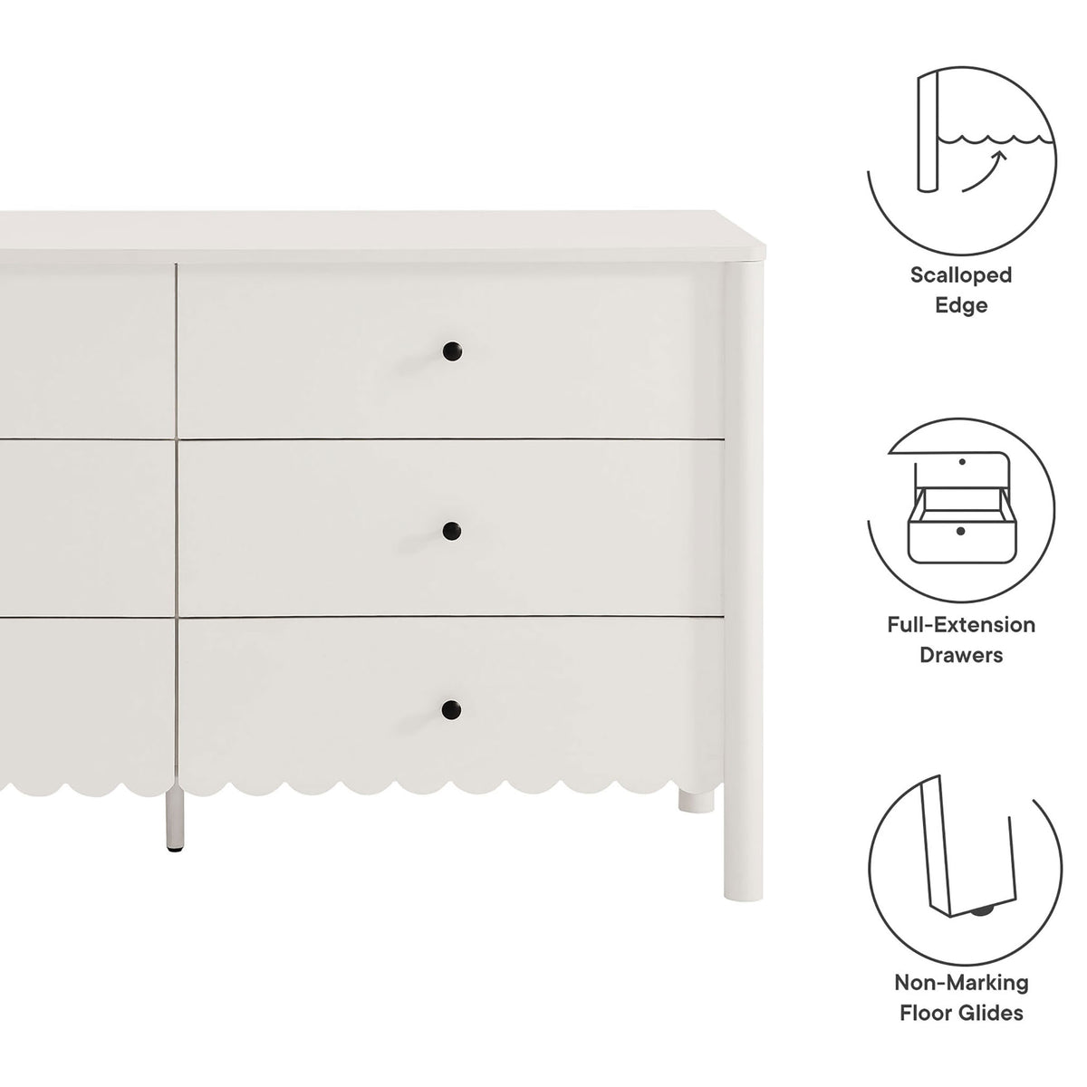 Graphic overlay highlights the scalloped edge, full-extension drawers, and non-marking glides of the dresser || EEI-7157-WHI || callout_studio
