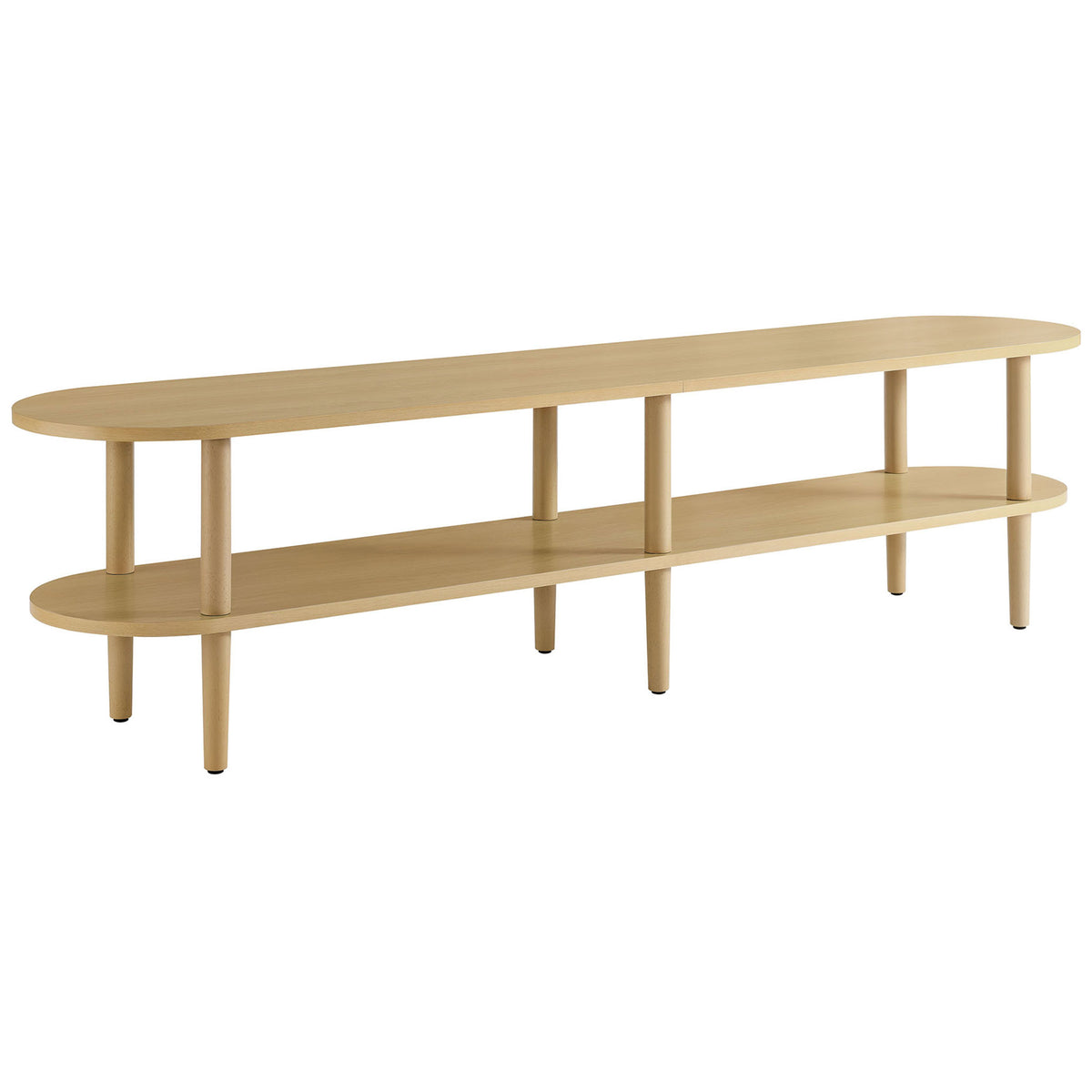 Sleek light oak oval TV stand with two tiers of open shelving and rounded wooden legs || EEI-7158-OAK || front_angle_studio