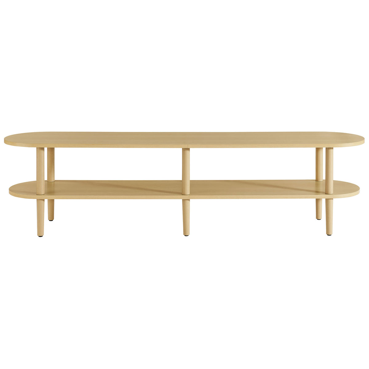 Light oak oval TV stand with two open shelves and six tapered legs for a clean modern look || EEI-7158-OAK || front_studio