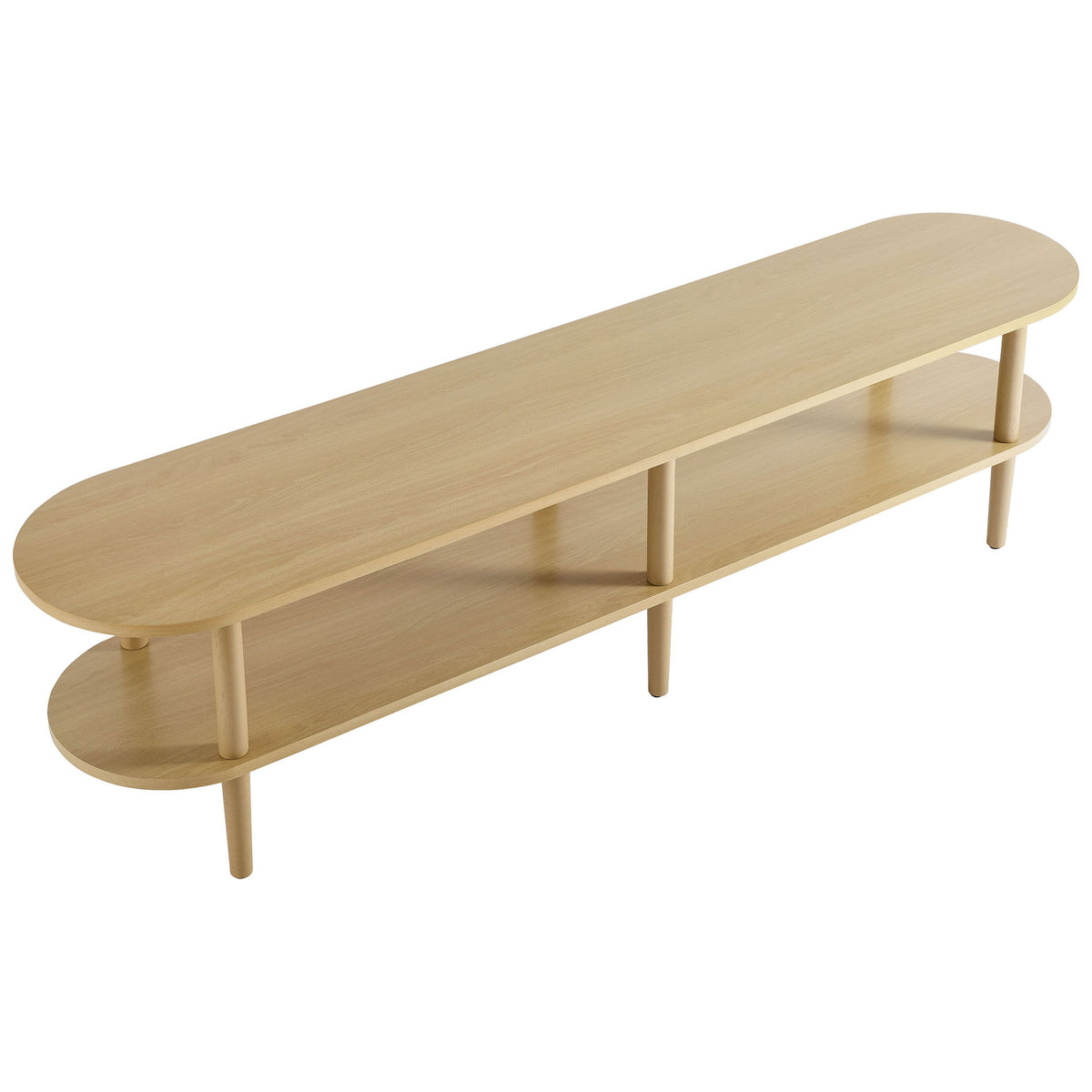 Light oak TV stand with a long oval top and matching lower shelf for spacious media display || EEI-7158-OAK || top_angle_studio