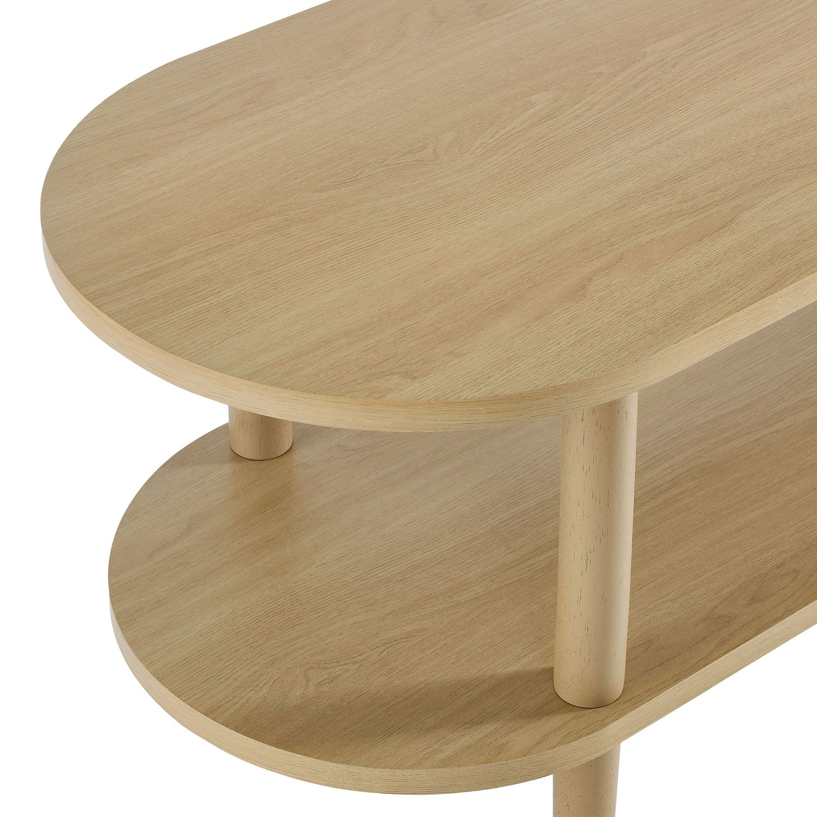 Detail of the light oak wood grain and smooth rounded edges on the Torus TV stand shelves || EEI-7158-OAK || detail_studio