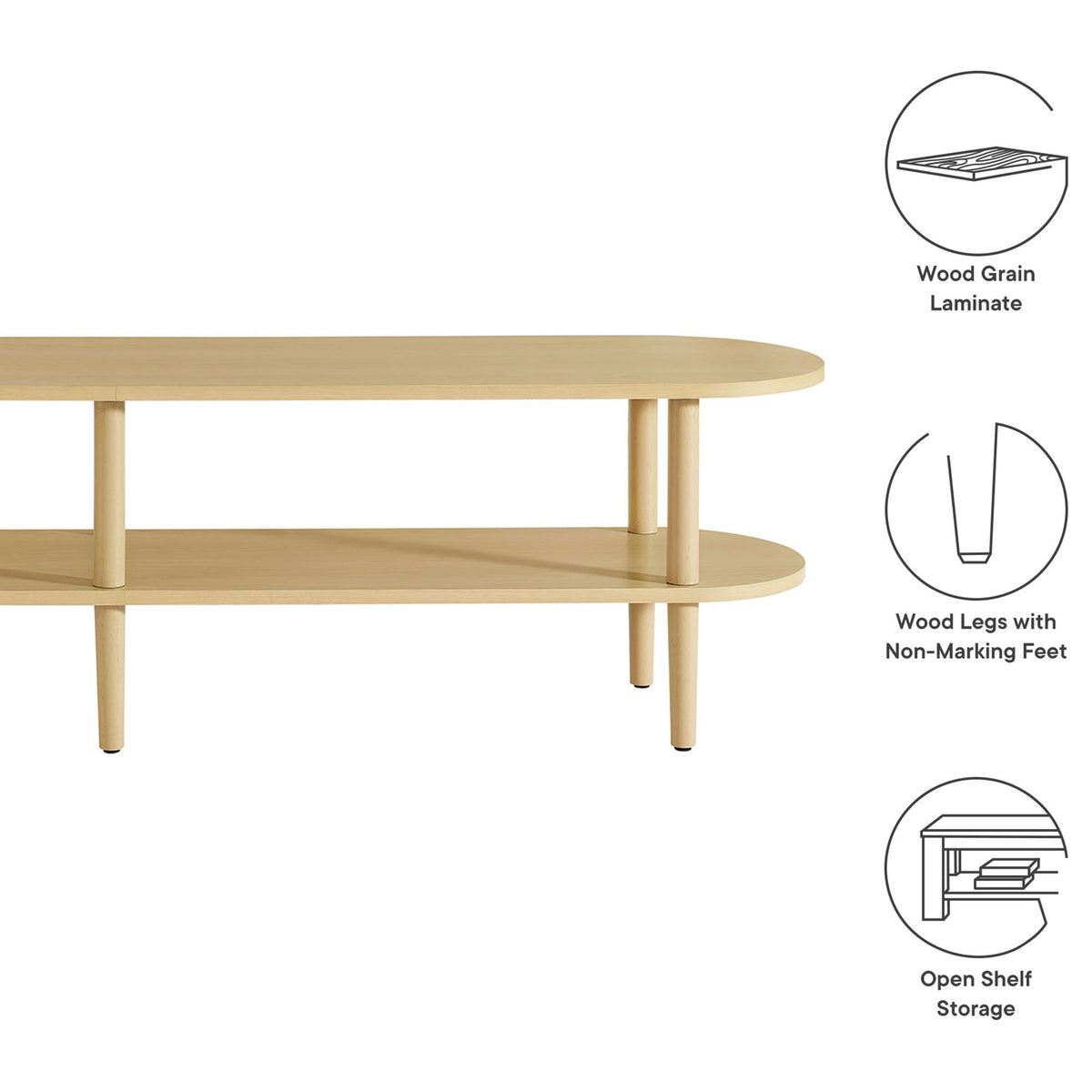 Feature callouts show the light oak Torus TV stand wood grain laminate, sturdy legs, and open shelves || EEI-7158-OAK || callout_studio