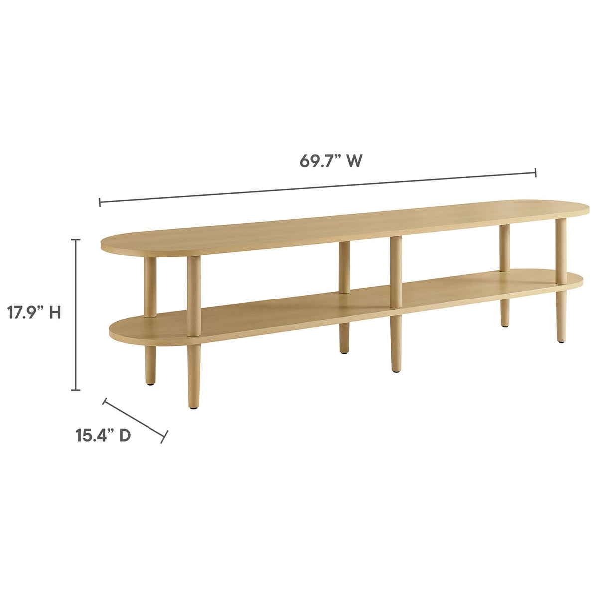 Dimension graphic for the light oak Torus TV stand, 69.7 inches wide, 15.4 deep, and 17.9 high || EEI-7158-OAK || dimension_studio