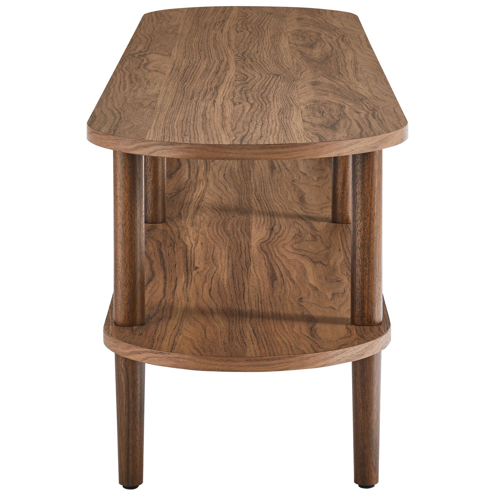 Slim oval profile of the walnut Torus TV stand emphasizing narrow depth and sturdy legs || EEI-7158-WAL || side_studio