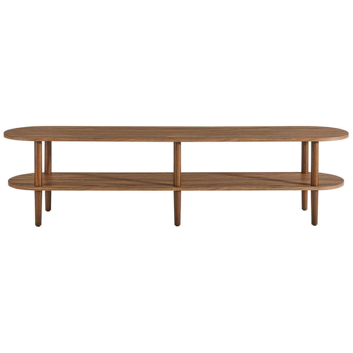 Walnut oval TV stand with two open shelves and six tapered legs for a rich modern look || EEI-7158-WAL || front_studio