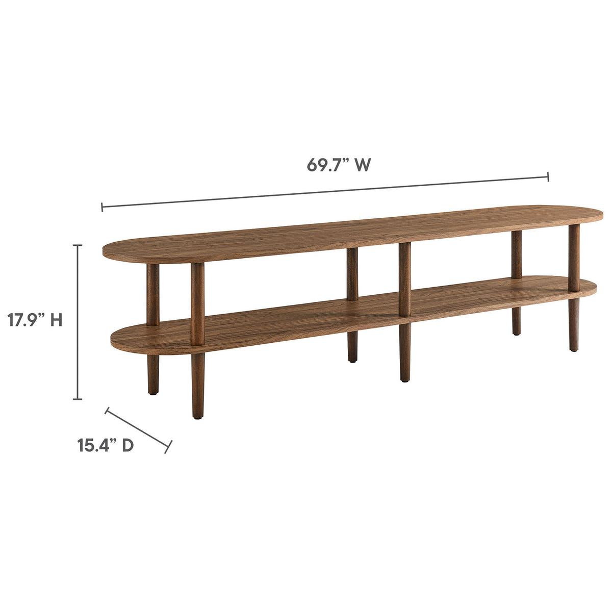 Dimension graphic for the walnut Torus TV stand, 69.7 inches wide, 15.4 deep, and 17.9 high || EEI-7158-WAL || dimension_studio