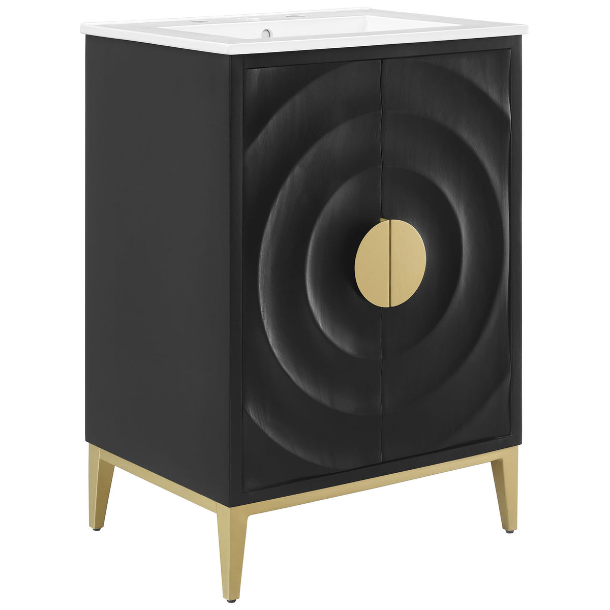 Sculpted concentric-door black vanity with brass-tone pulls and legs topped by a white ceramic basin || EEI-7159-WHI-BLK || front_angle_studio