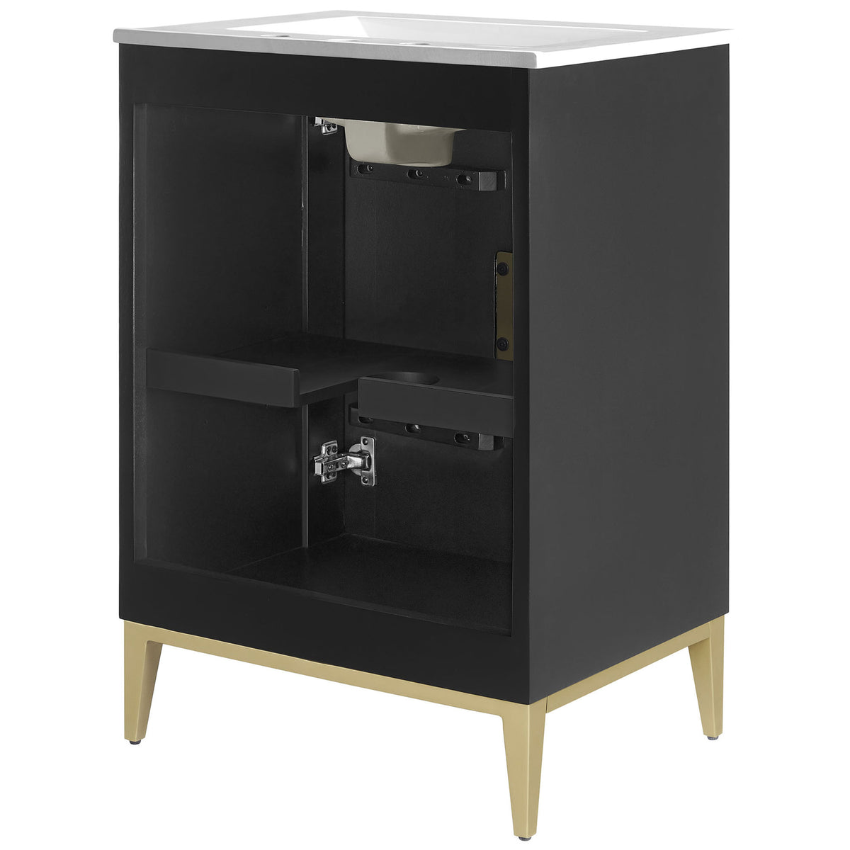 Interior cabinet features an adjustable shelf and a generous plumbing cut-out for easy installation || EEI-7159-WHI-BLK || storage_open_studio